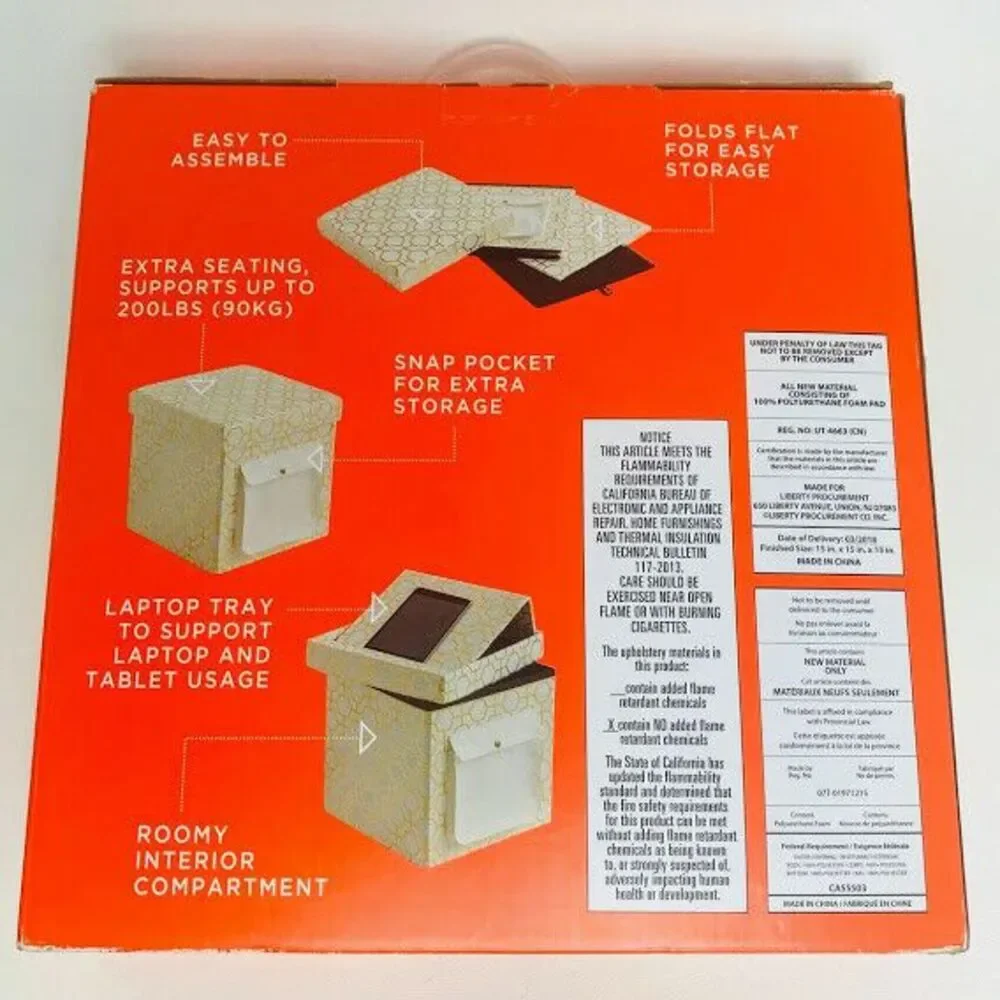 Ottoman SIT AND STORE Folding w/ Laptop Tray 15x15x15 Snap Pocket Extra Storage